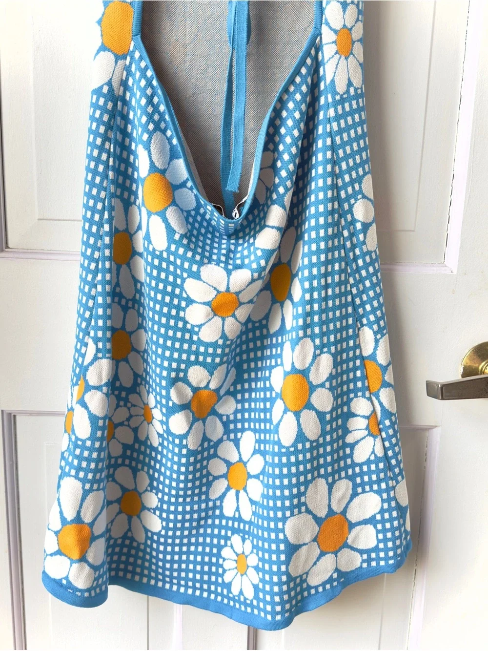 Zara Blue Gingham Daisy Knit Mini Dress Size Large - Picture 10 of 12